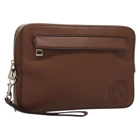 GUCCI Clutch Bag Leather Brown Silver - Picture 1 of 14
